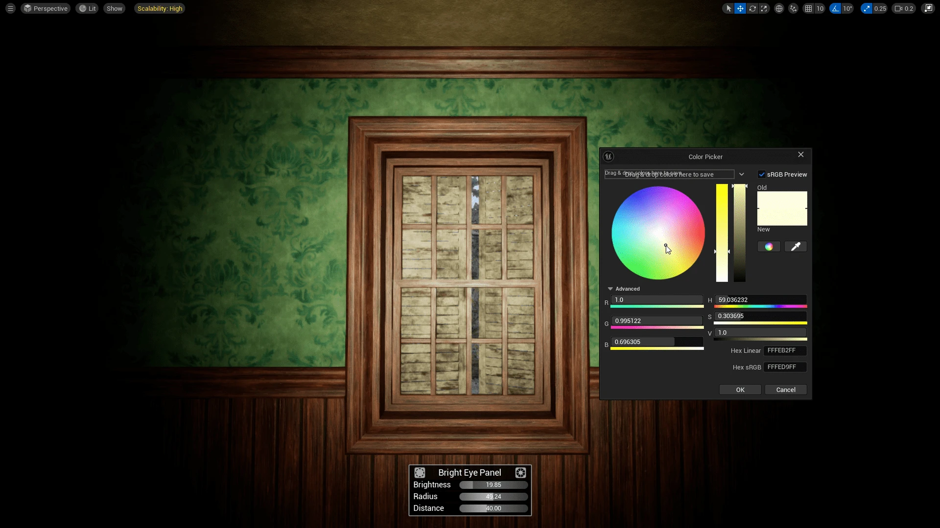 Bright Eye lighting a scene inside the Unreal Editor viewport while its compact controls and a color picker are open.