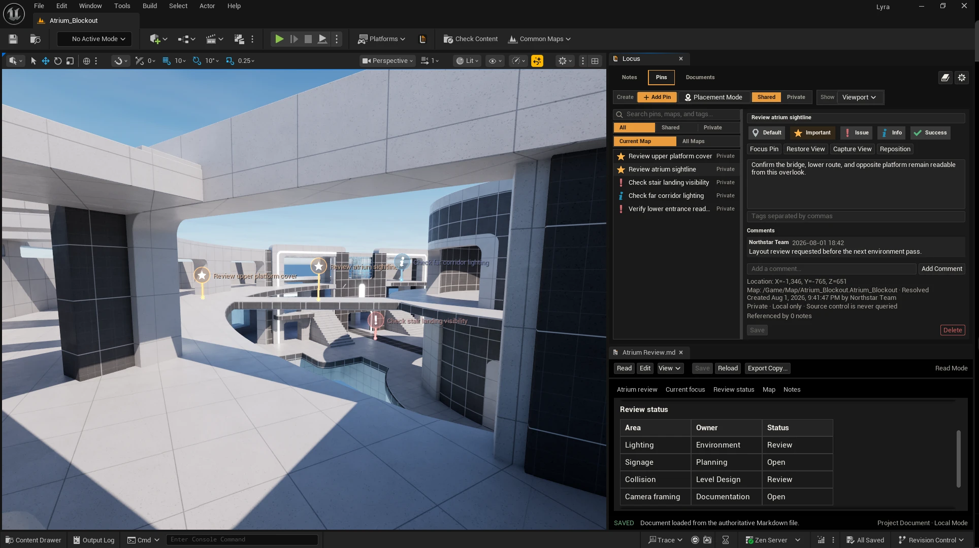 Locus inside Unreal Editor, with Level Pins in the viewport, the Pins workspace, and a docked project document.