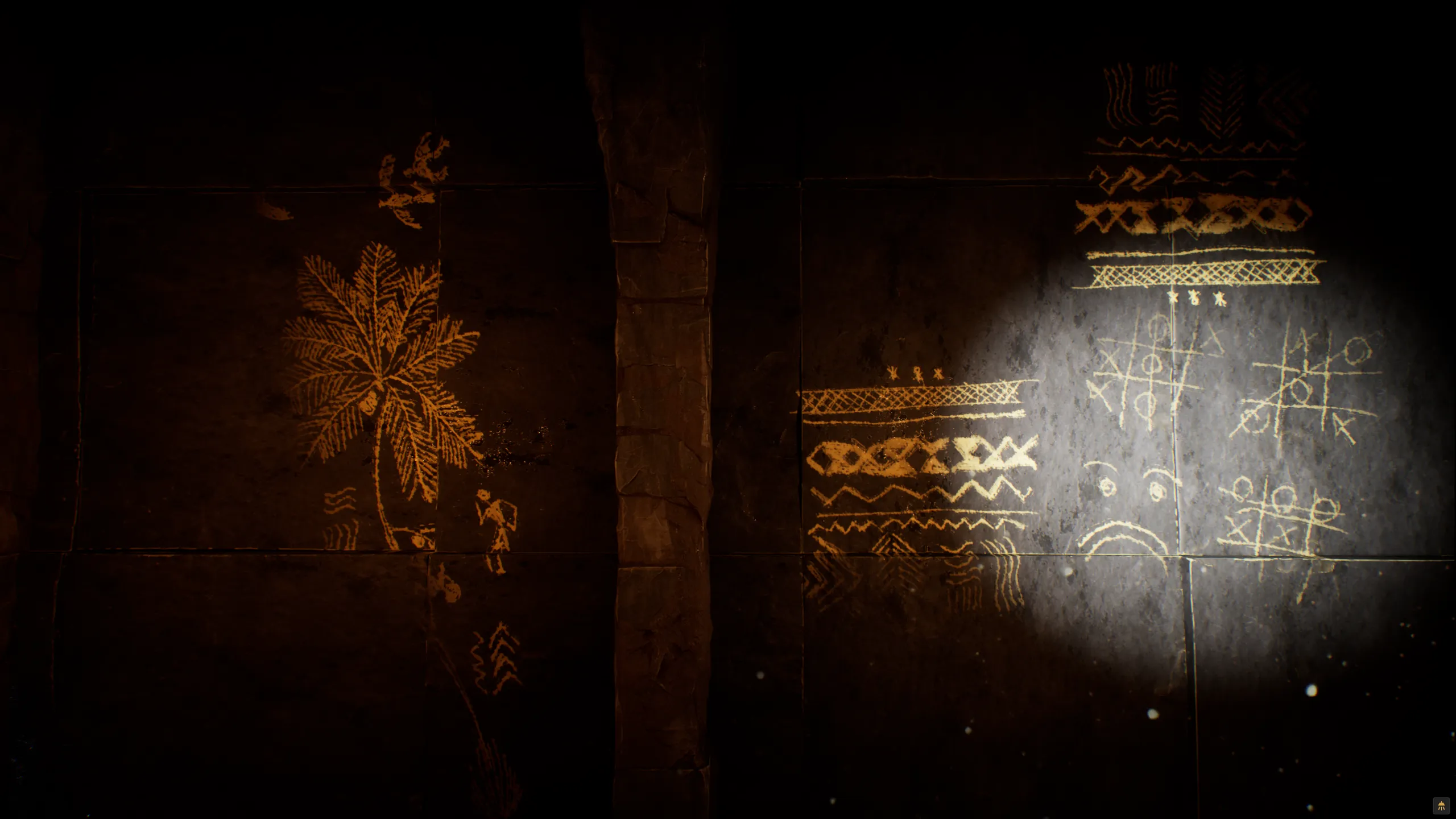 Cursor Aim lighting carvings on a dark tomb wall.