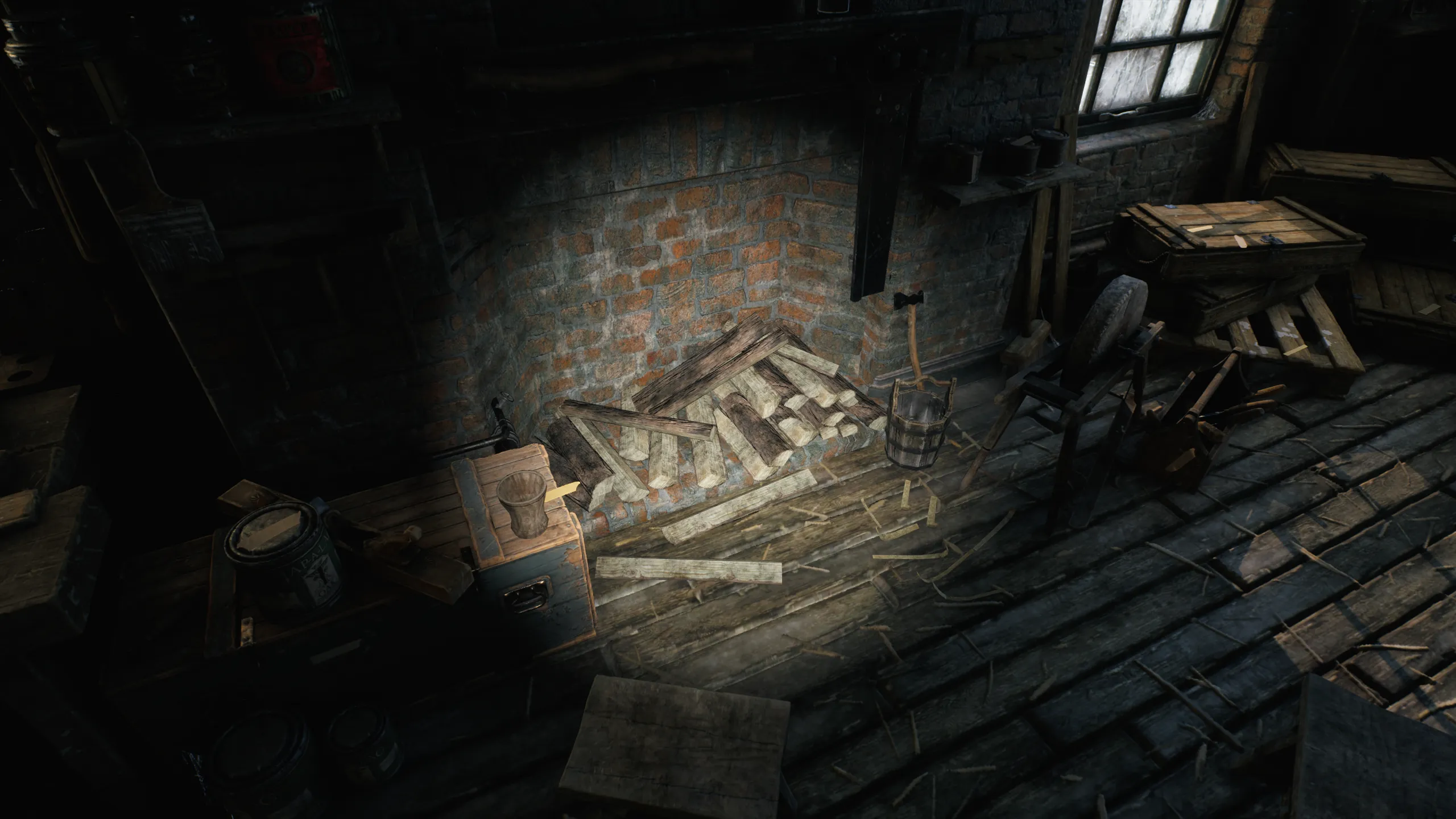 Bright Eye lighting a dark workshop corner in the Unreal Editor viewport.