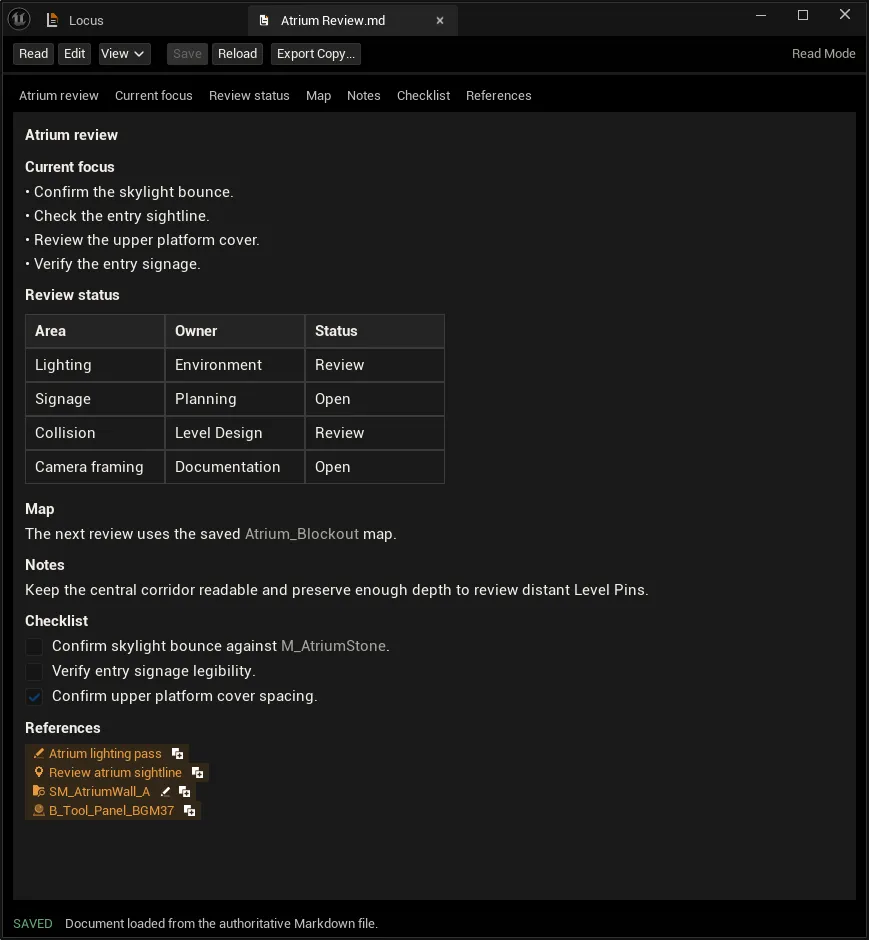 A Locus Document open in Read Mode, with a review status table, a checklist and references.
