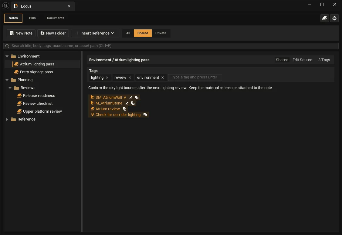 The Locus Notes workspace with Shared Notes in folders and a selected Note showing its tags and references.