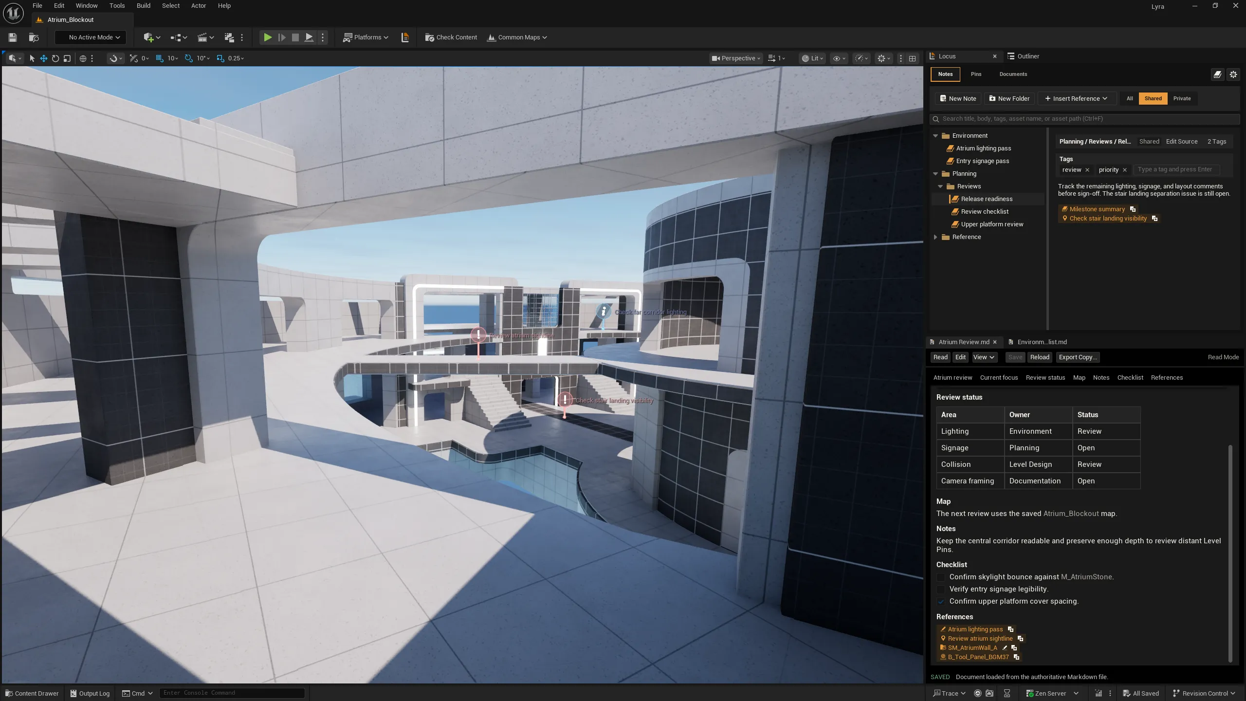 Locus inside Unreal Editor: Level Pins placed in the level viewport, with the Notes workspace and a review Document docked beside it.