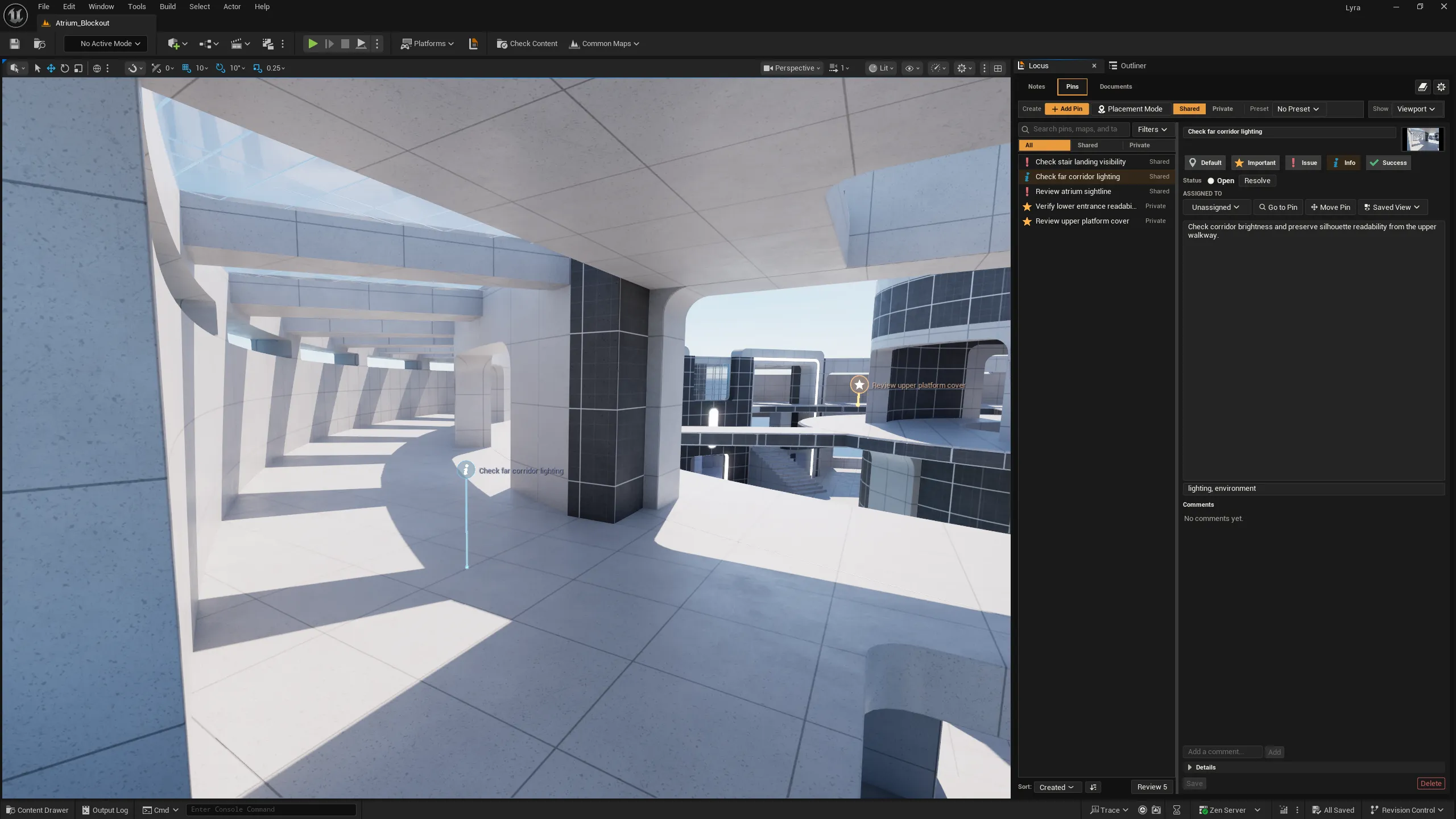 A selected Level Pin in the Unreal Editor viewport, with the Pins workspace list and the Pin's details.