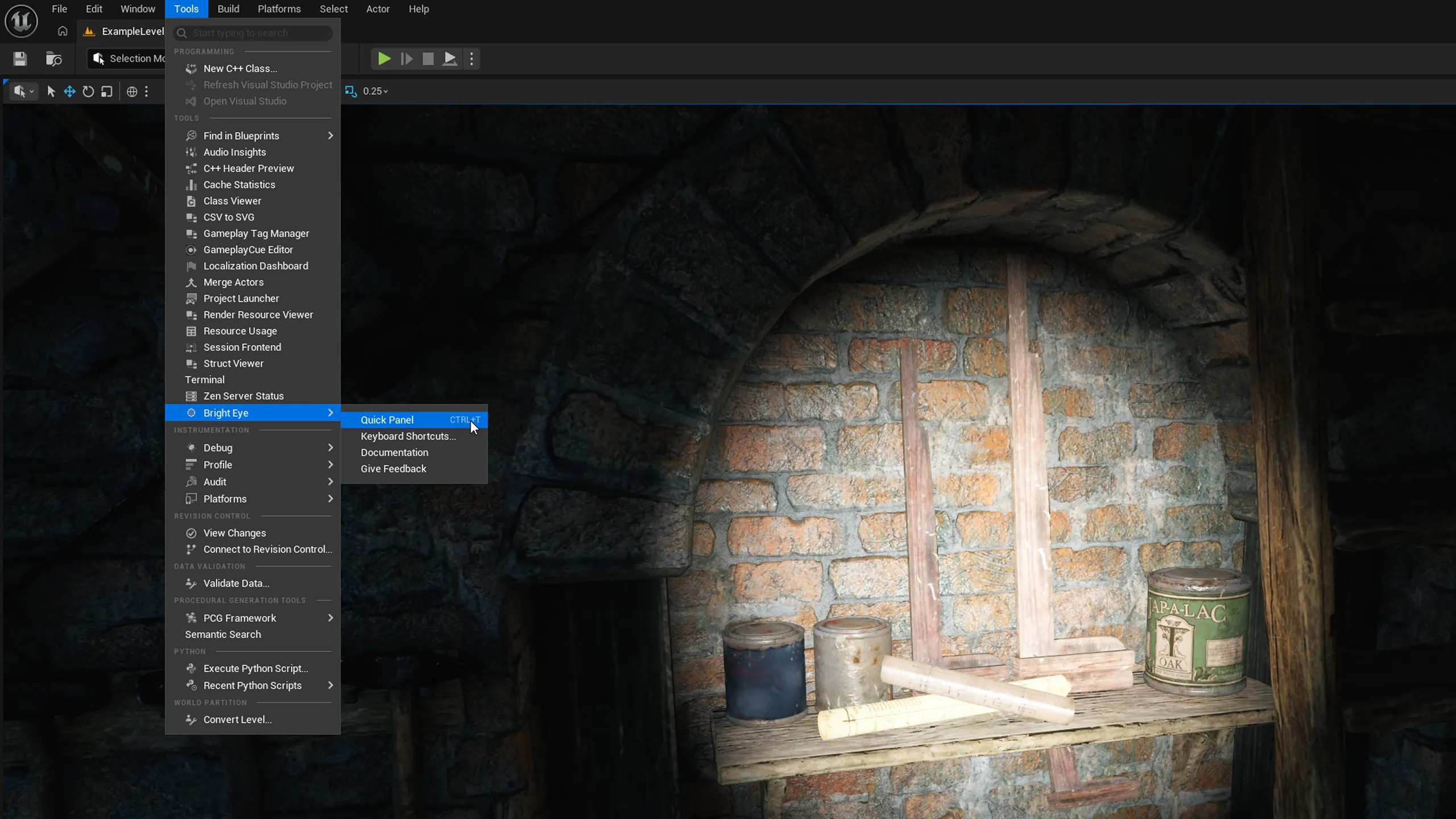 The Unreal Editor Tools menu with the Bright Eye submenu open: Quick Panel, Keyboard Shortcuts, Documentation and Give Feedback.
