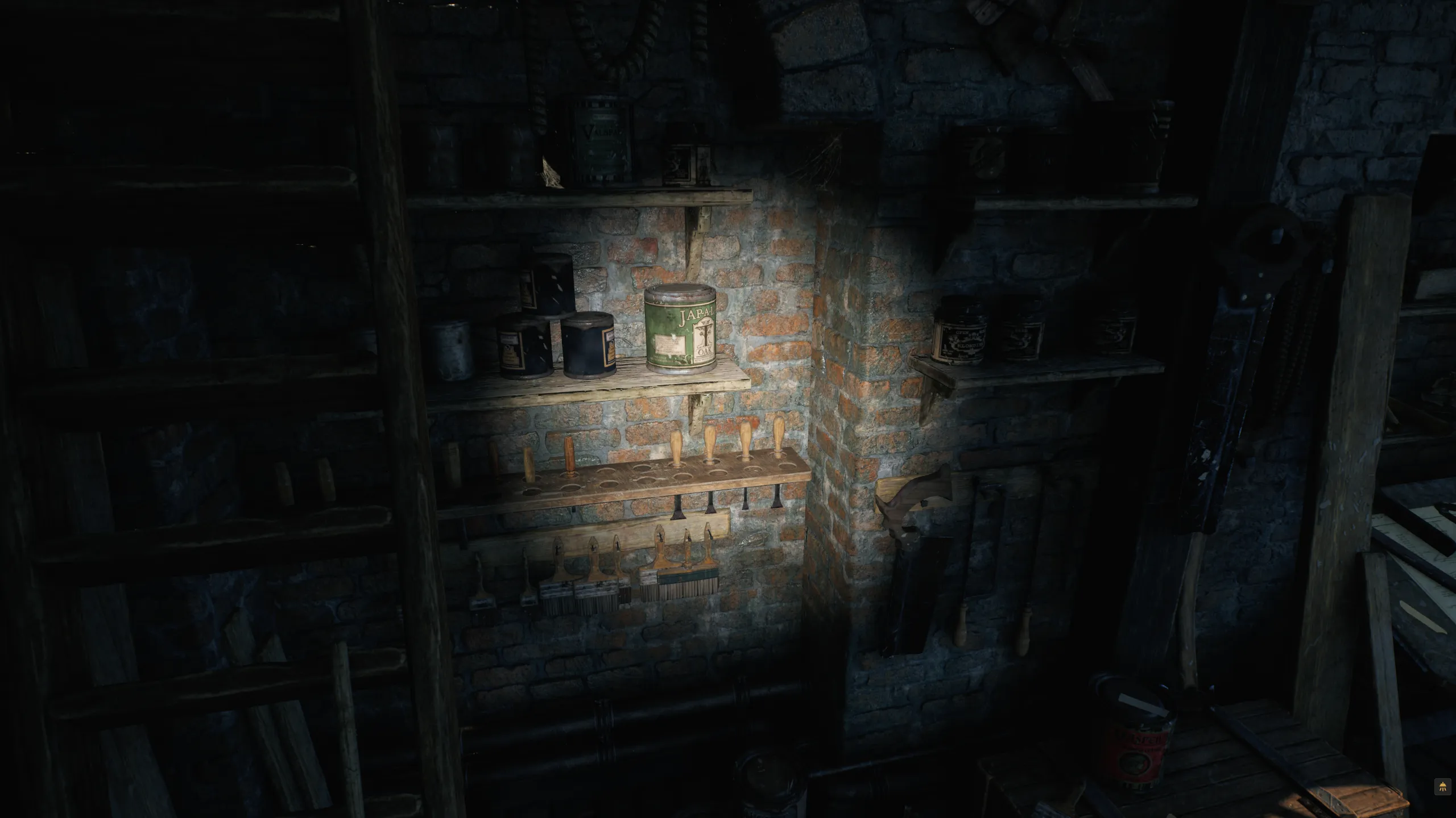 Bright Eye lighting tins and tools on workshop shelves in the viewport.